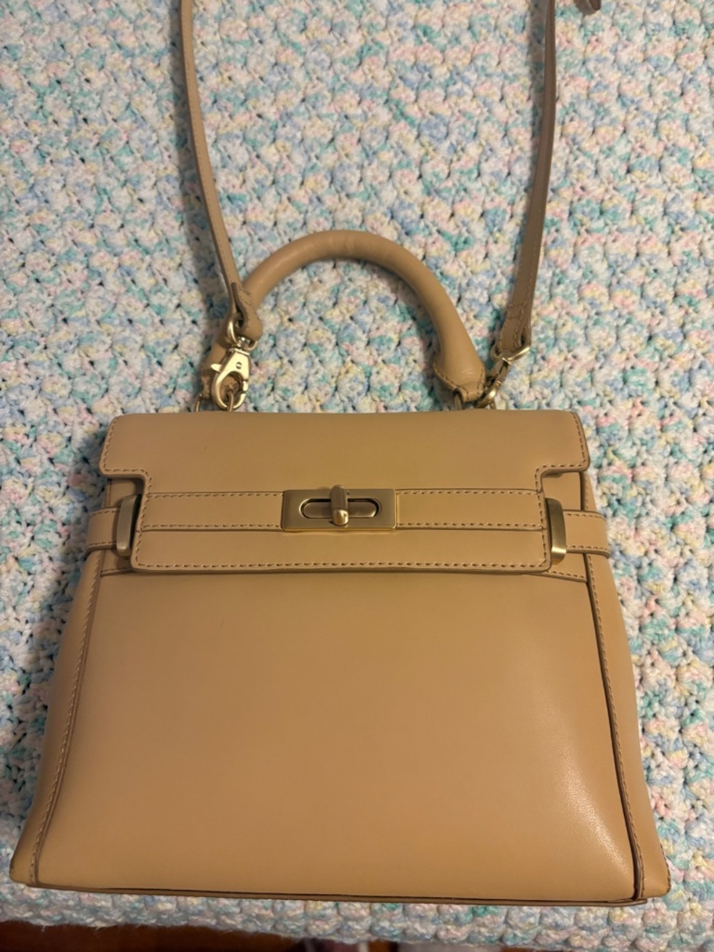 ANTONIO MELANI Tan Leather Top-Handle Satchel with Gold Hardware